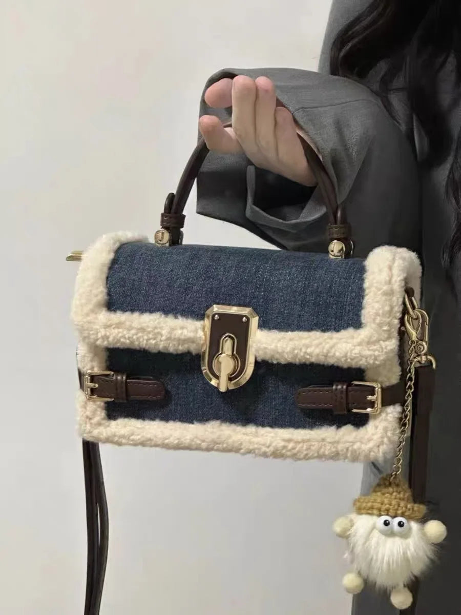 Luxury Women Brand Cashmere and Denim Patchwork Crossbody Bag Retro Flap Messenger Bag Blue