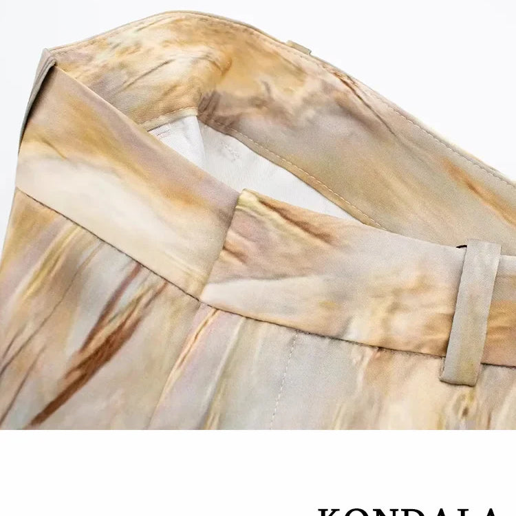 KONDALA Vintage Tie Dye Print Women Suit V-Neck Long Sleeve V Neck Shirts+High Waist Straight Loose Pants Fashion Sets