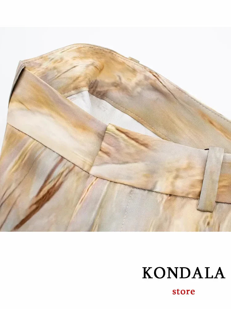 KONDALA Vintage Tie Dye Print Women Suit V-Neck Long Sleeve V Neck Shirts+High Waist Straight Loose Pants Fashion Sets