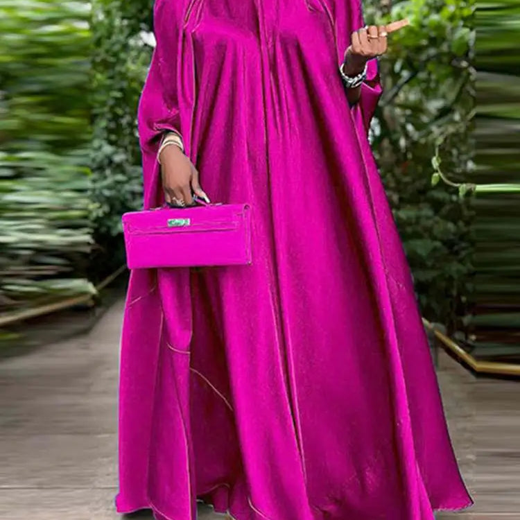 5XL Plus Size Women Dress Stand Collar Elegant Satin Dress Long Bat Sleeve Evening Pleated Maxi Sundress Casual Robe