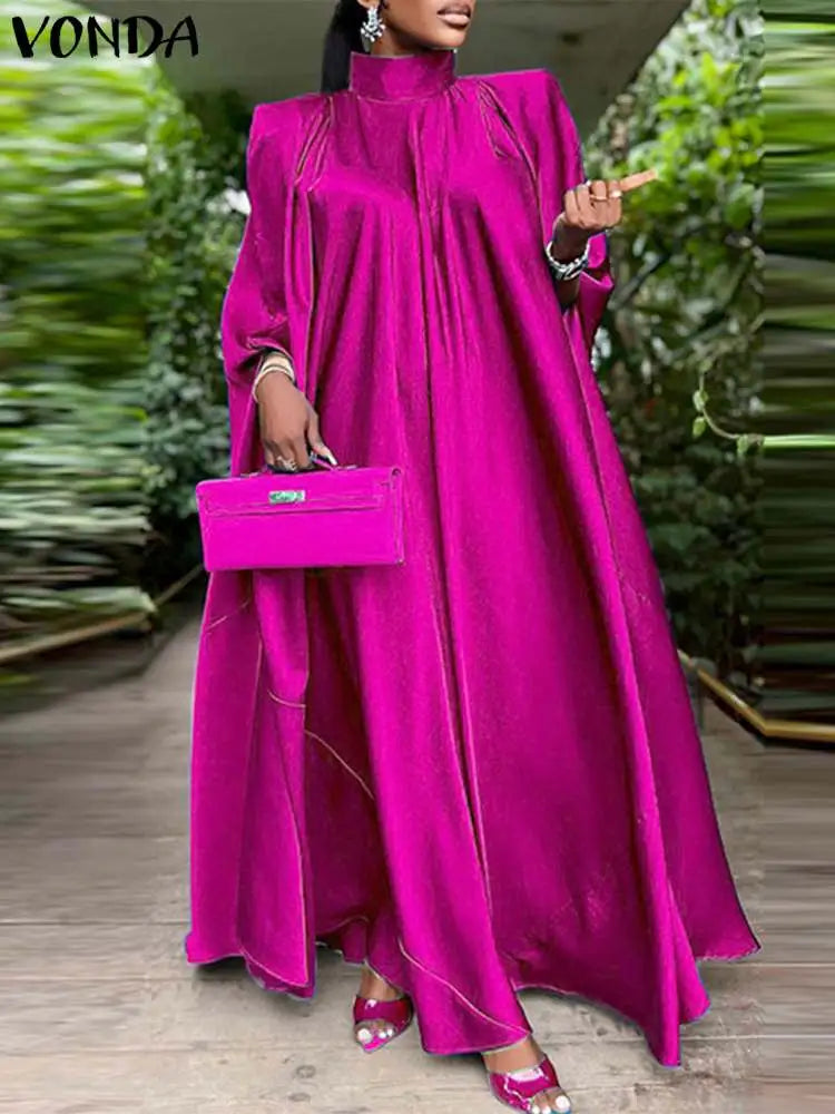 5XL Plus Size Women Dress Stand Collar Elegant Satin Dress Long Bat Sleeve Evening Pleated Maxi Sundress Casual Robe