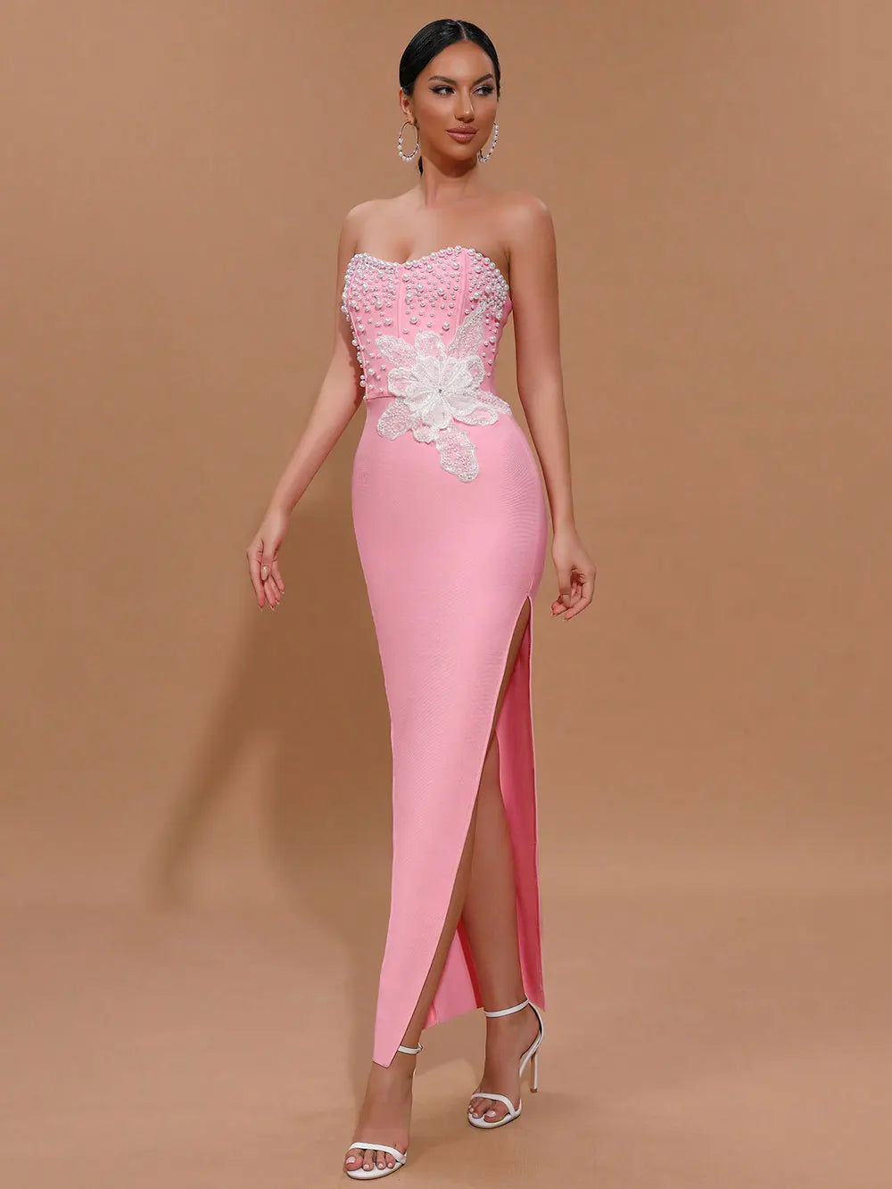 2025 Spring Sexy Women's 3D Flower Pearl Bandage Dress Strapless Sleeveless Bodycon Backless Long Dress Club Party Vestidos