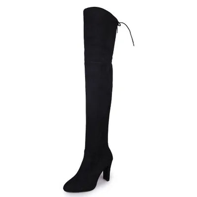 Sexy Party Fashion Suede Leather Shoes Women Over The Knee Heels Boots Stretch Flock Pointed Thick Heel Botas Black Long Boots black