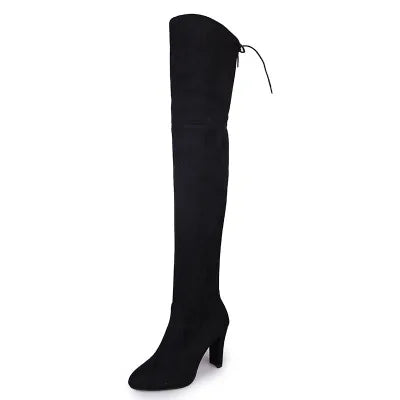Sexy Party Fashion Suede Leather Shoes Women Over The Knee Heels Boots Stretch Flock Pointed Thick Heel Botas Black Long Boots black