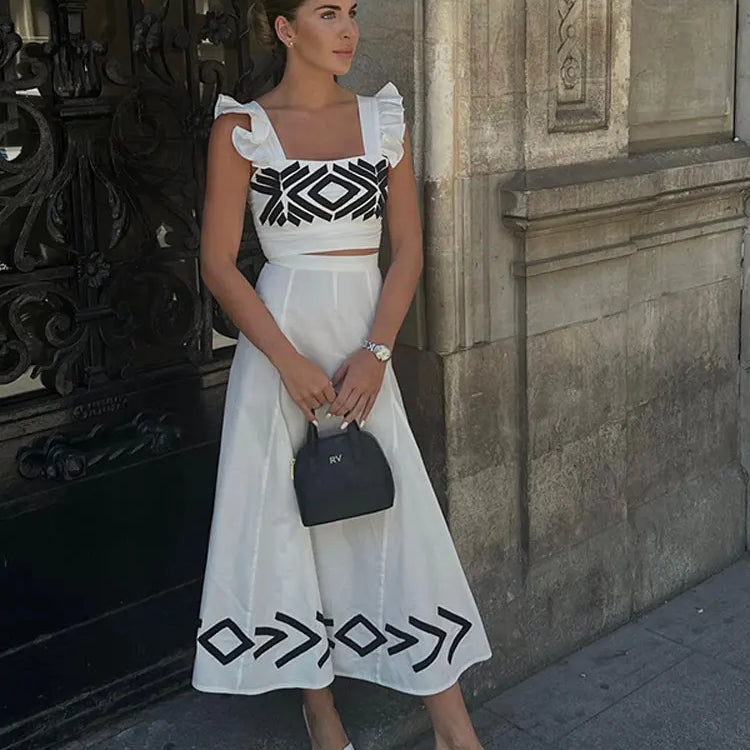 Fashion Print Skirt Suit Dress Women Spaghetti Strap Sleeveless Crop Top Skirt 2 Piece Set Spring Summer Lady Beach Outfits