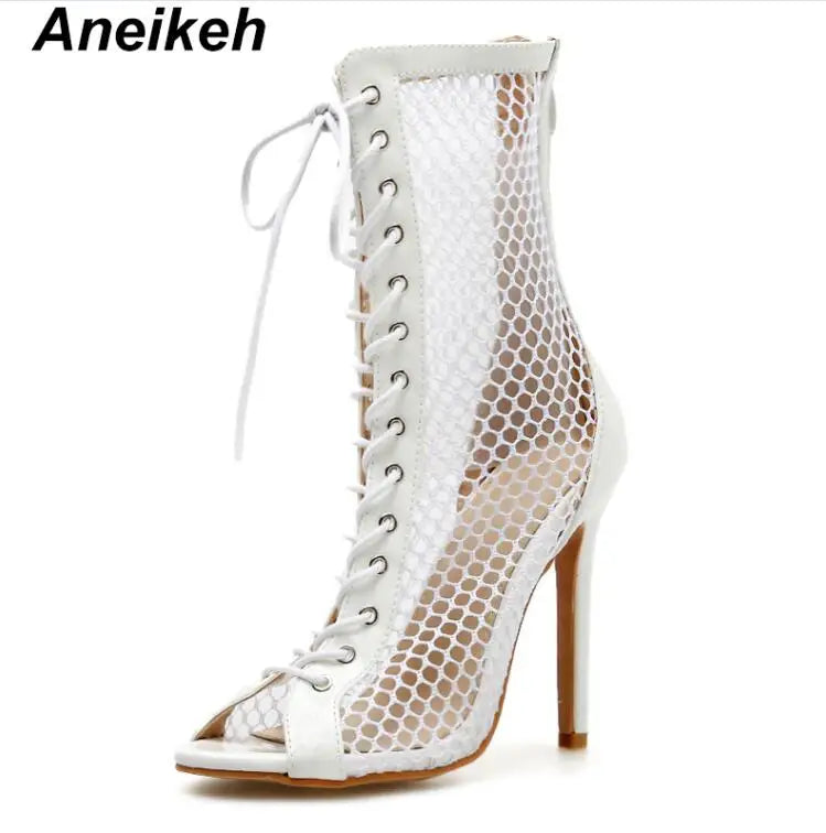 Fashion Women Ankle Boots Hollow Out Mesh High Heels Shoes Woman Lace-Up Open toe Sexy Sandals Boots Mujer Black White white