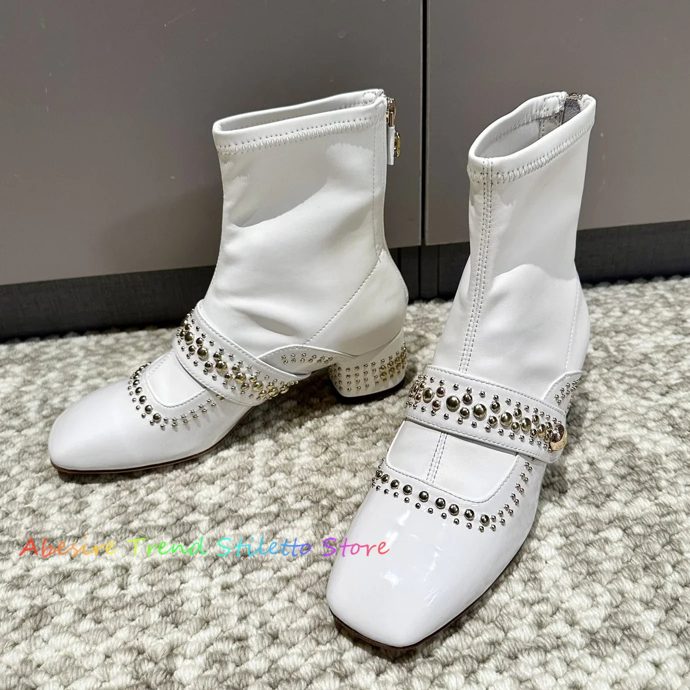 White Retro Studded Knee High Boots for Women New High Tube Thick Heels Back Zipper Elastic Slim Boots Black Knight Boots 2