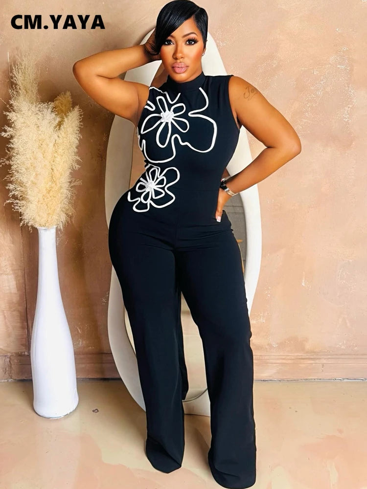 CM.YAYA Fashion Women Sunflower Sleeveless Tank Jumpsuits 2025 Summer Street Birthday Sexy Party Outfits One Piece Suit Rompers
