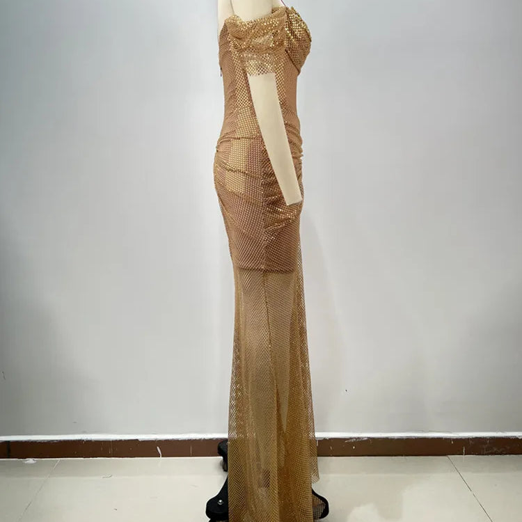 Women Celebrity Sexy Off Shoulder Diamonds Net Sparkly Gold Maxi Long Gowns Dress Elegant Evening Party Club Vestido