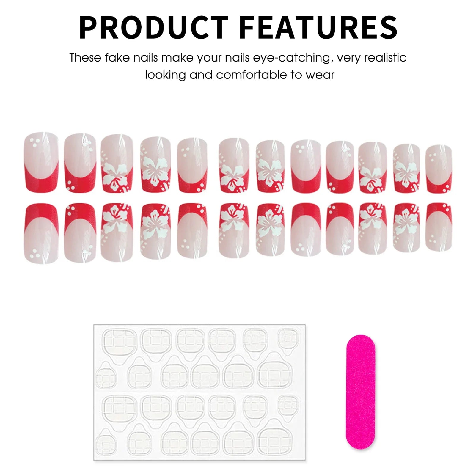 Red French Fake Nails 24Pcs Nude Color Square Head Press On Nails White Flower Printed Gentle Women Charm Manicure Nails Art