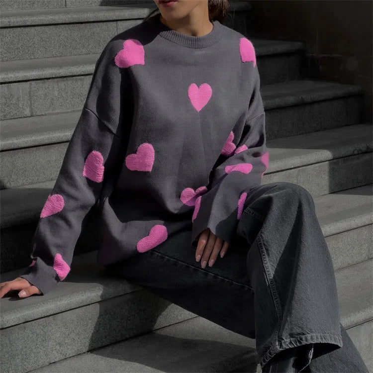 Chic Sweet Love Embroidery Knitting Sweaters Women Long Sleeved O-neck Pullovers Winter New Female Casual Fashion Sweaters Gray pink