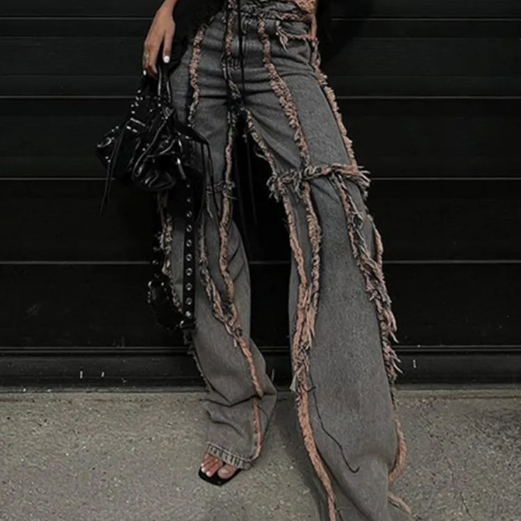 Streetwear Hip Hop Spliced Women Jeans Low Rise Loose Straight Tube Floor Dragging Pants Grunge Punk High Street Denim Pants Y2K