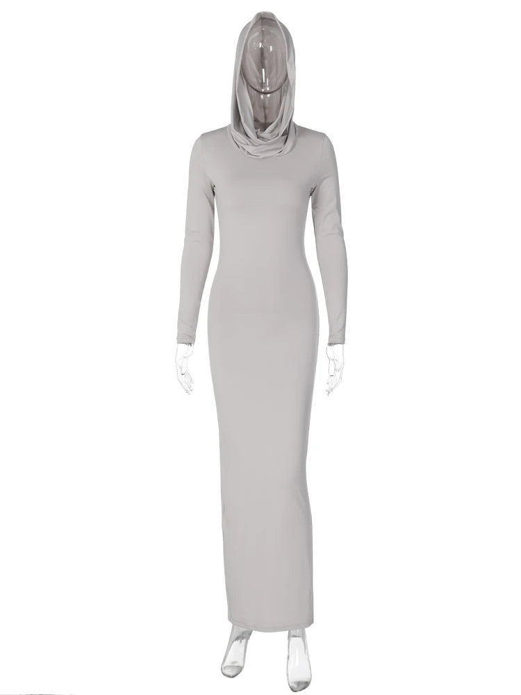 Women 2024 Autumn Winter Fashion Long Sleeve Streetwear Hooded Bodycon Long Dress Wholesale Items For Business