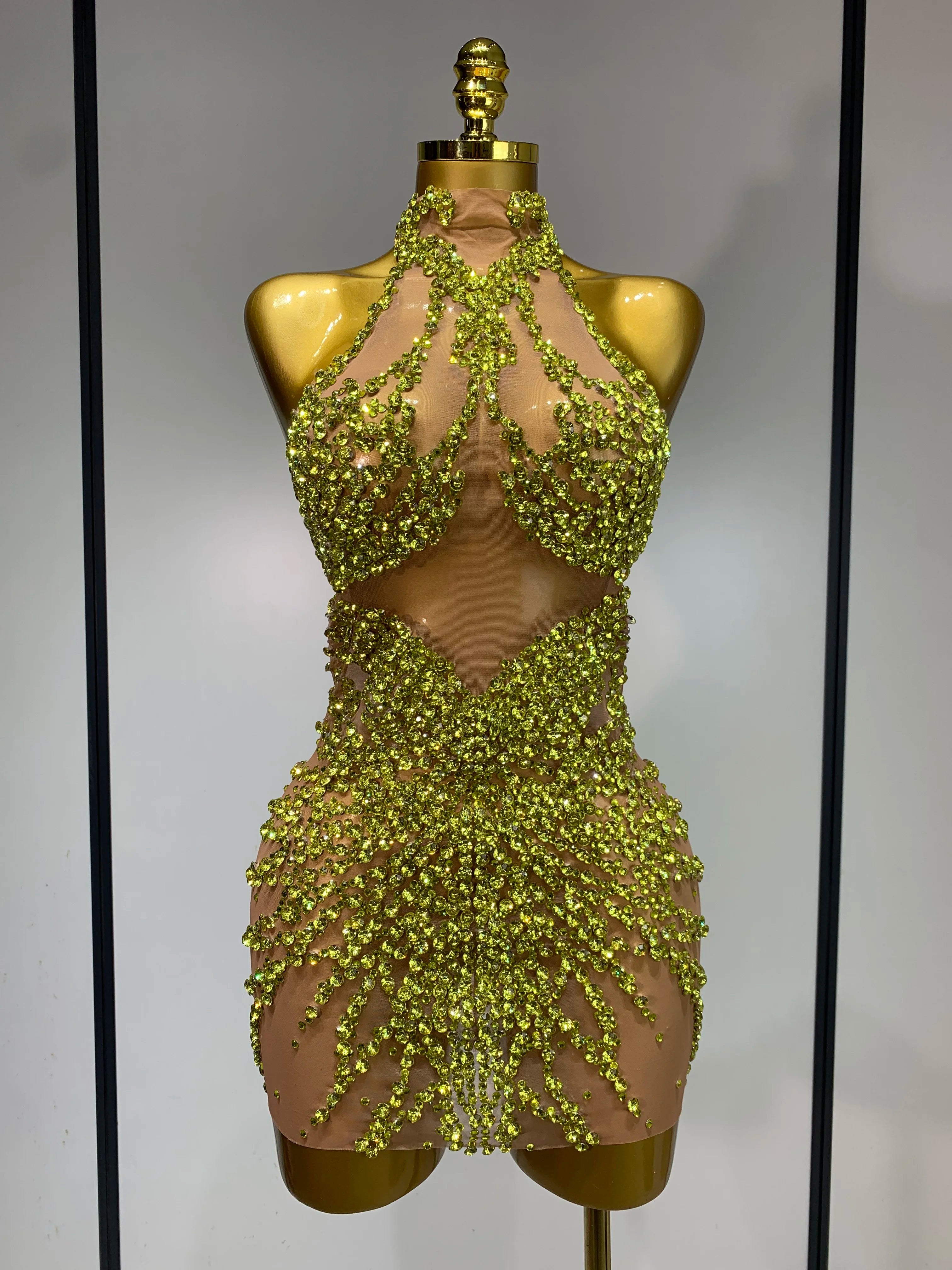 Luxury Rhinestones Mesh Transparent Prom Mini Dress Shinny Women Birthday Celebrate Party Prom Nightclub Outfit Stage Costume