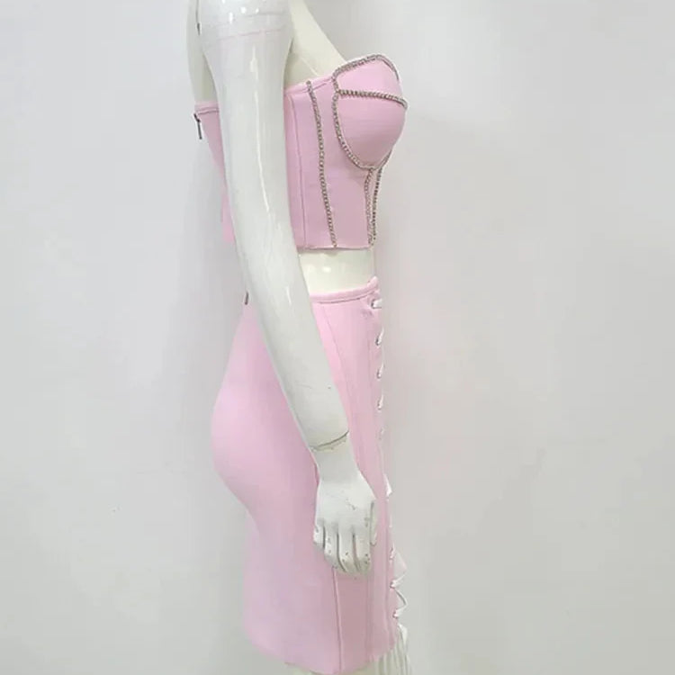 Women Summer Sexy Strapless Lace Diamonds Pink Mini Bandage Skirt Set Knitted Elegant Evening Cocktail Party Dresses