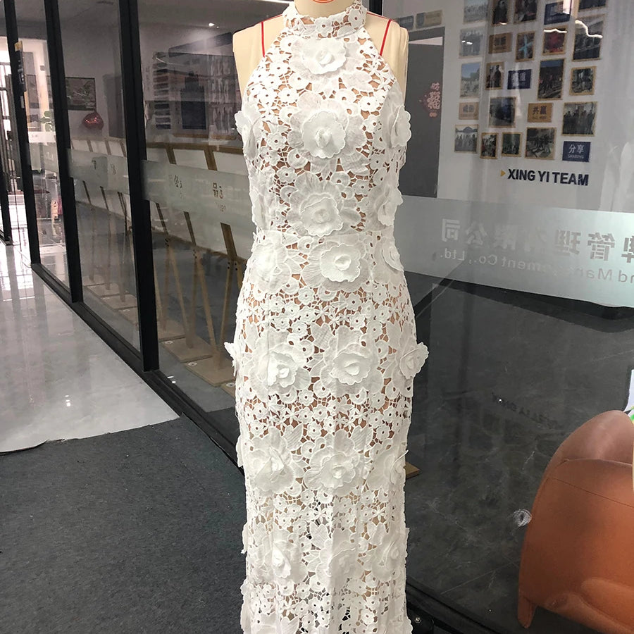 TWOTWINSTYLE Solid Slimming Hollow Out Dresses for Women Halter Neck Sleeveless Patchwork Appliques Elegant Dress Female Fashion