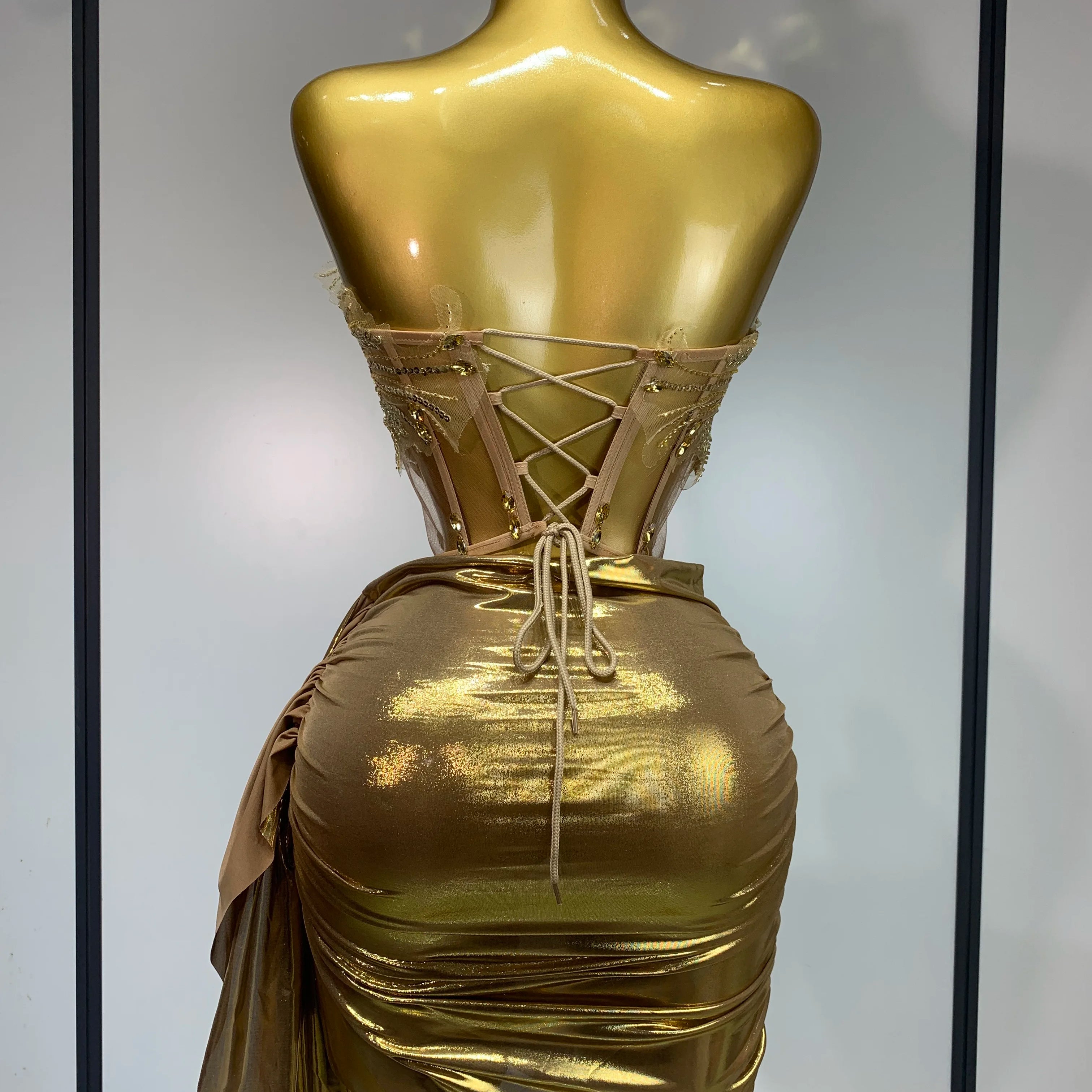 Women Sexy Strapless Sequins Rhinestone Gold Dress Glitter Top Two Pieces Sets Birthday Evening Party Club Singer Stage Outfit