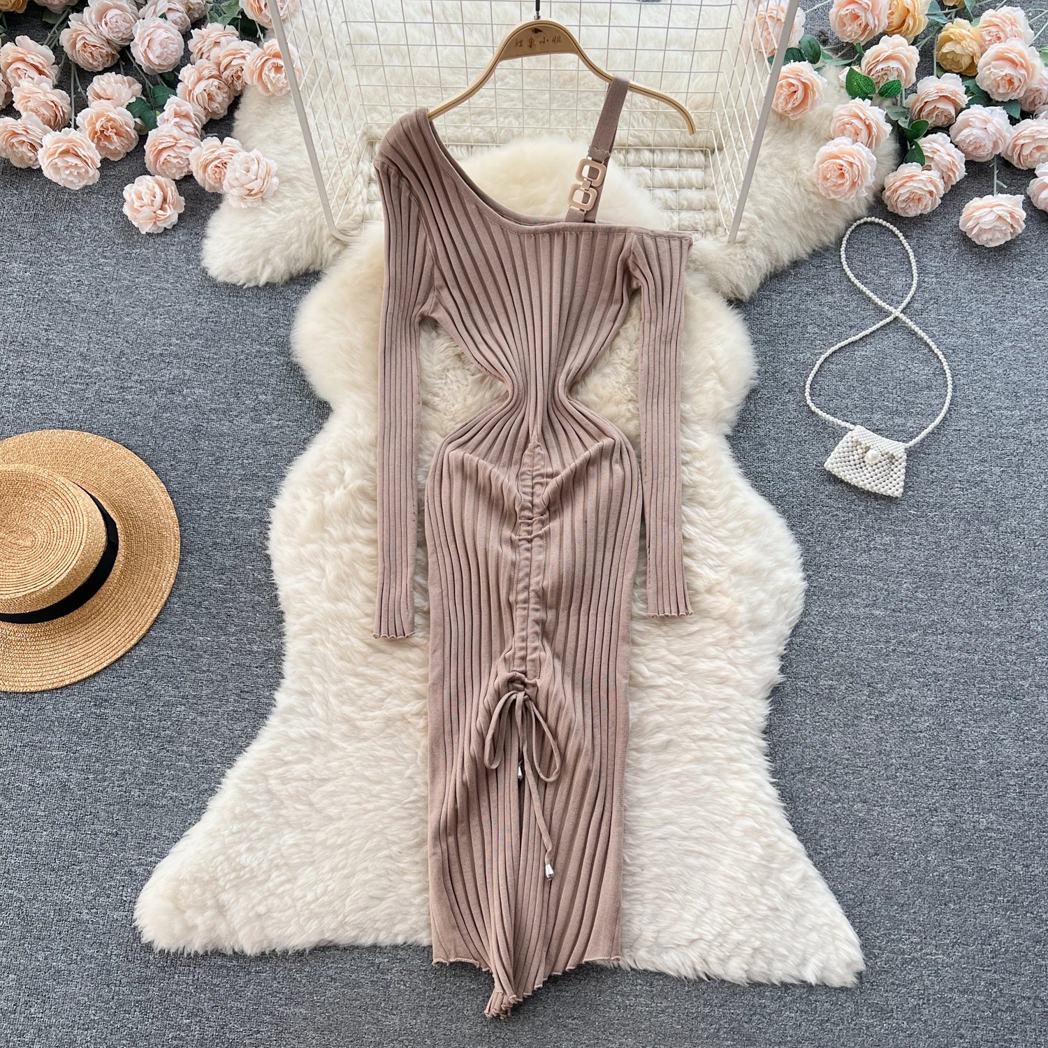 Women Dress Autumn Winter Sexy Package Hips Bodycon Dress Chic Fashion Luxury Knitted Dress Party Vestidos Khaki One Size