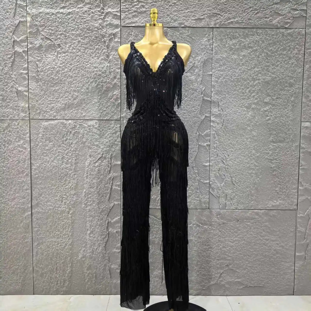 Black Color Women Sleeveless Sexy V-Neck Shinning Tassels Bodycon Jumpsuit Celebrate Birthday Party Peformance Stage Wear