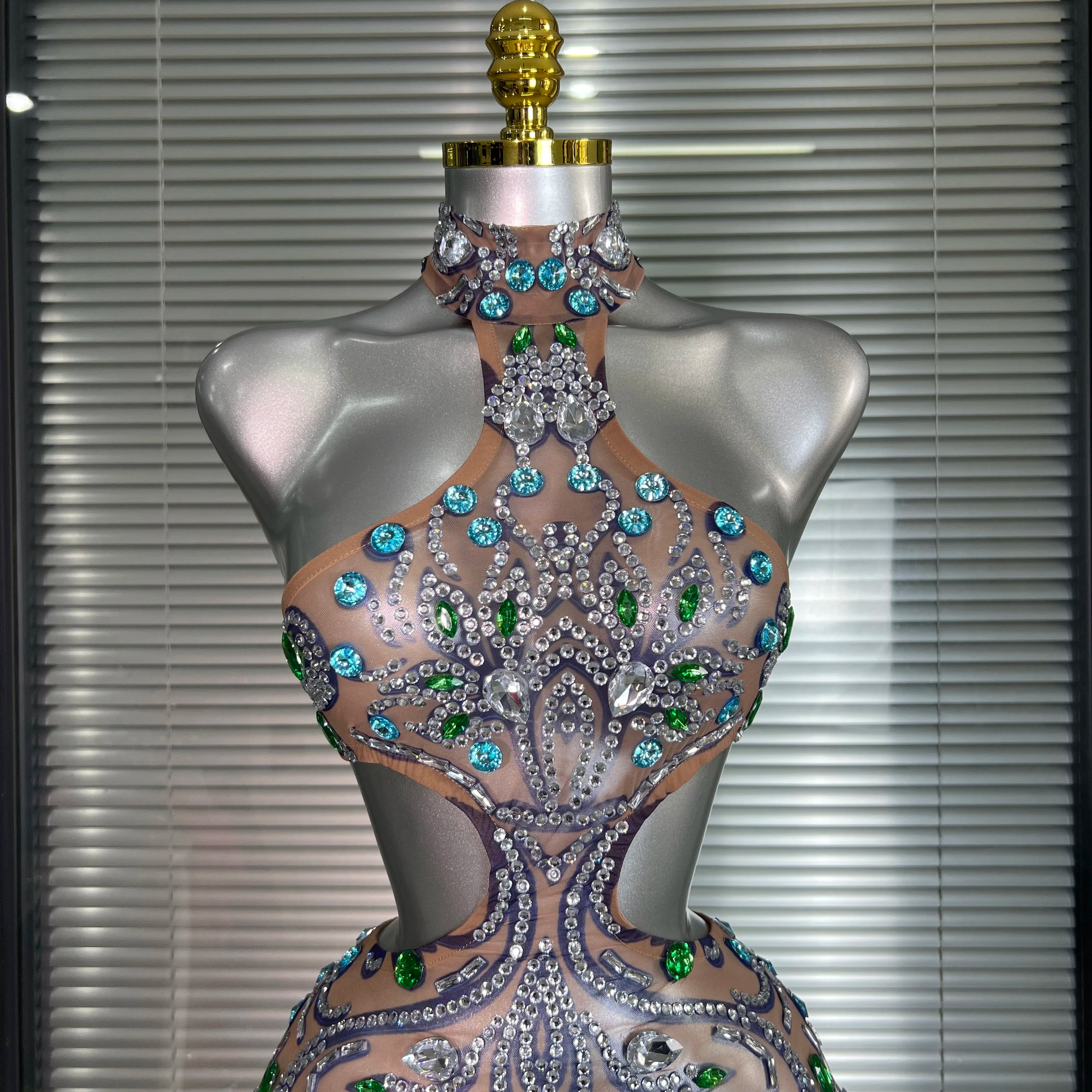 Celebrity New Women Sexy Print Mesh Sheer Crystal Rhinestones Stage Costume Stage Dancer Night Club Mini Party Dress