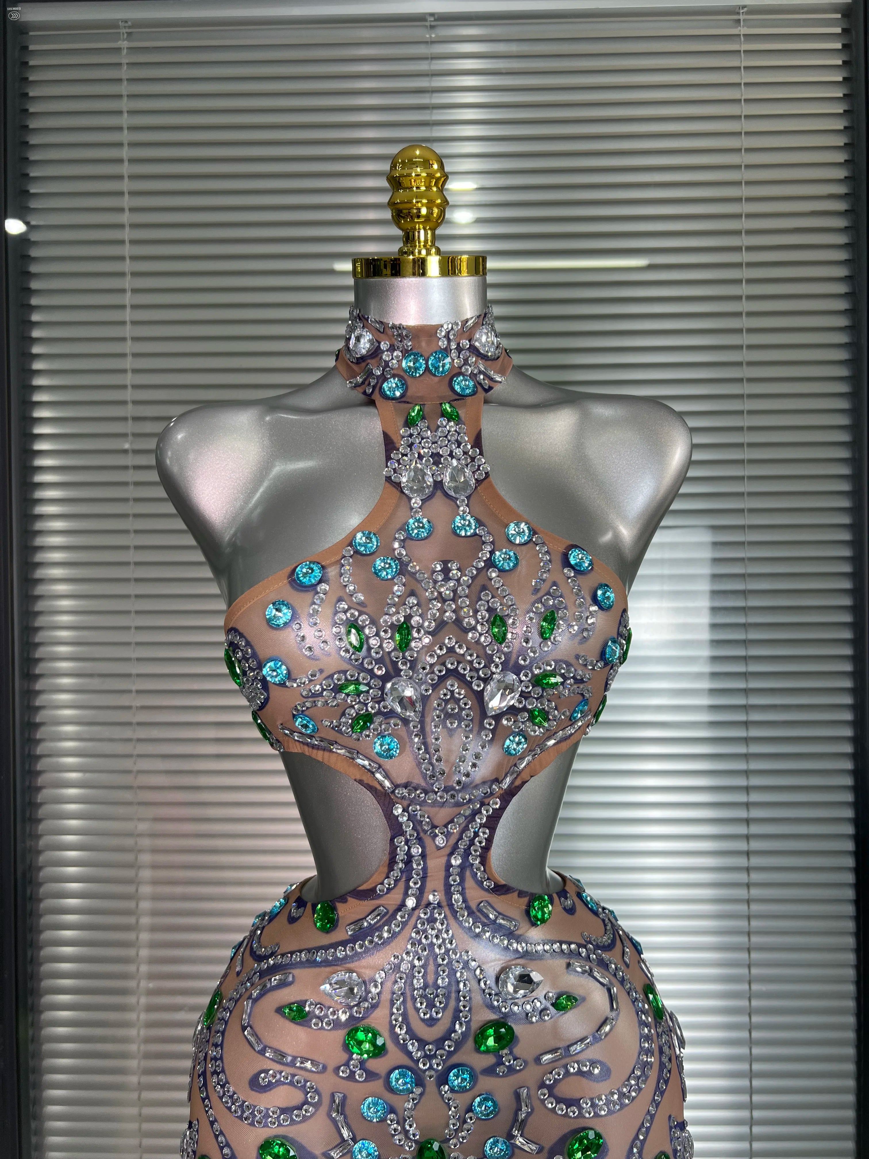 Celebrity New Women Sexy Print Mesh Sheer Crystal Rhinestones Stage Costume Stage Dancer Night Club Mini Party Dress