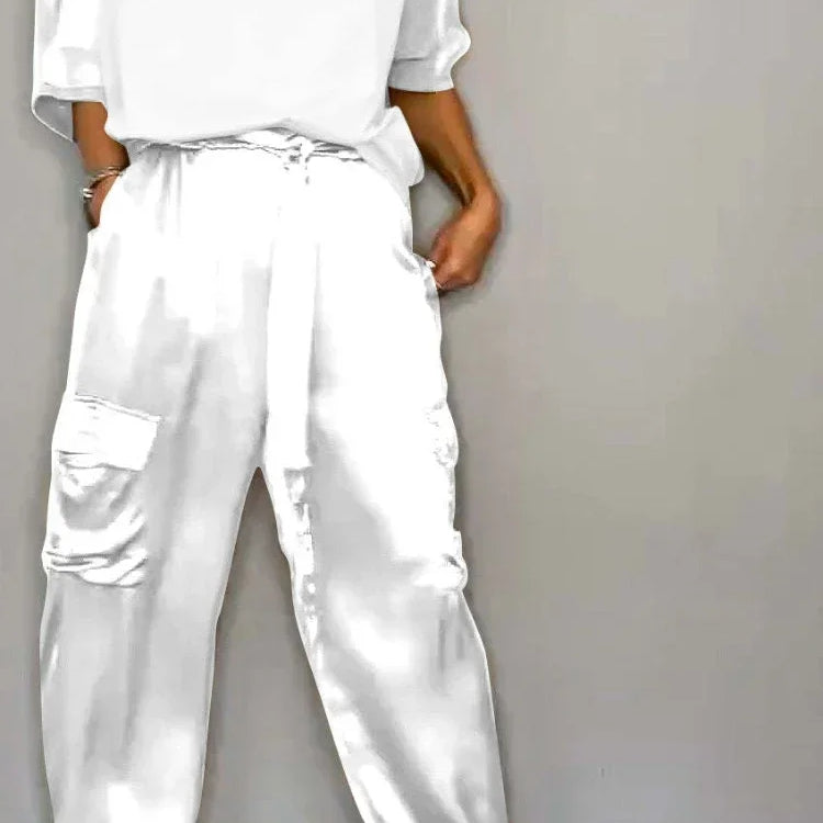 Summer Fashion New Elegant Women's Plus Size Set Street View Smooth Satin Half Sleeve Shirt Casual Pants Sports Two Piece Set