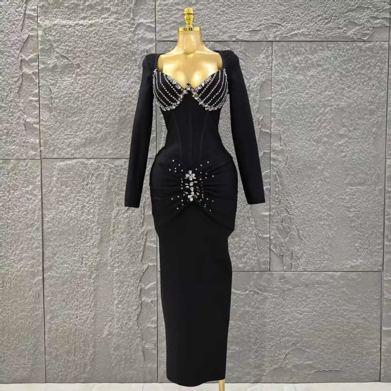 Top Quality Women Long Sleeve Sexy Square Collar Shinning Crystal Bodycon Long Bandage Dress Celebrate Evening Party Outfit