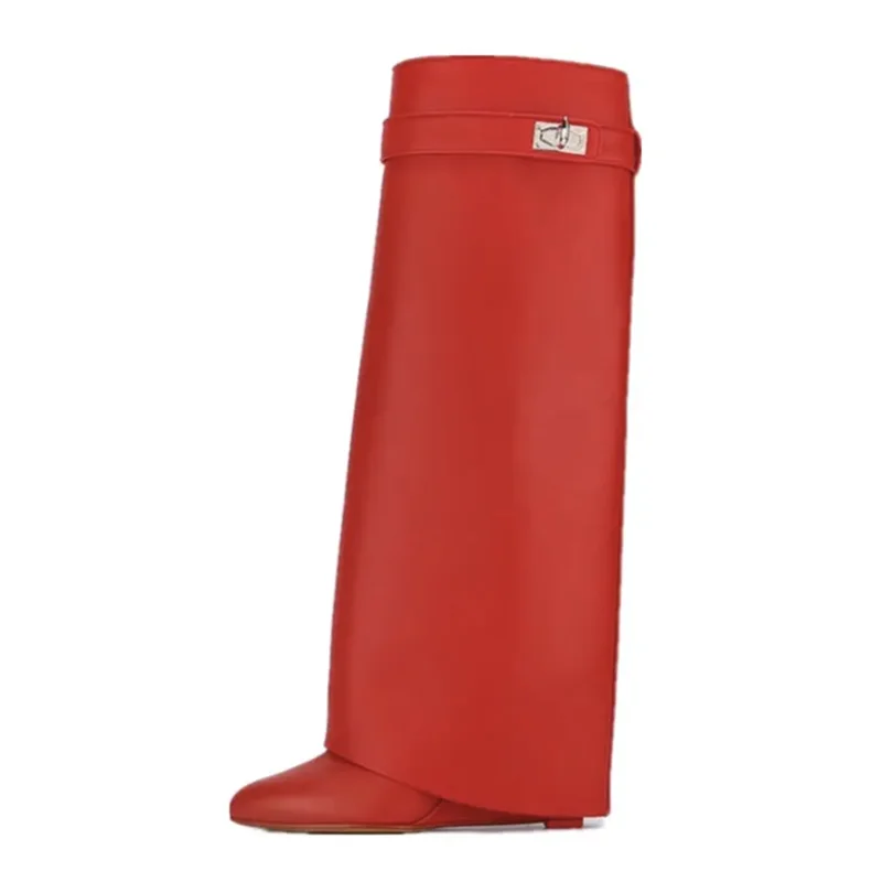 Shark Lock Women Boots Brand Design Genuine Leather Slip-on Knee High Boots For Woman Motorcycle Botas Mujer Fashion Wedge Shoes