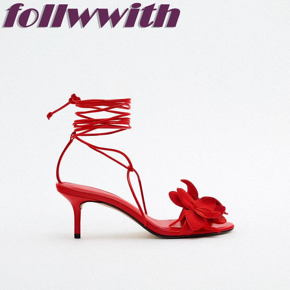 Ladies Solid Red Flowers Lace Up Unique Sexy Sandals Cross Tied Stiletto Heel Party 2024 New Arrival Summer Woman Shoes