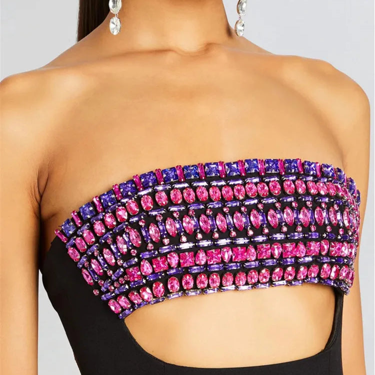 Women Celebrity Luxury Sexy Strapless Backless Pearl Cut Out Black Bodycon Bandage Dress Elegant Evening Club Party Outfit