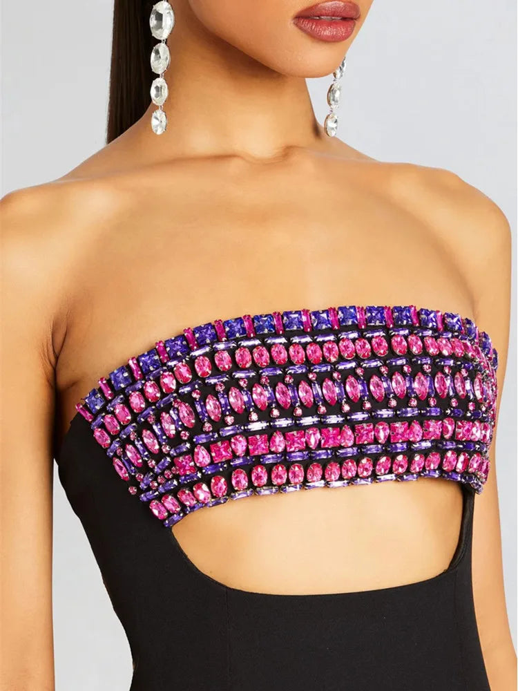 Women Celebrity Luxury Sexy Strapless Backless Pearl Cut Out Black Bodycon Bandage Dress Elegant Evening Club Party Outfit