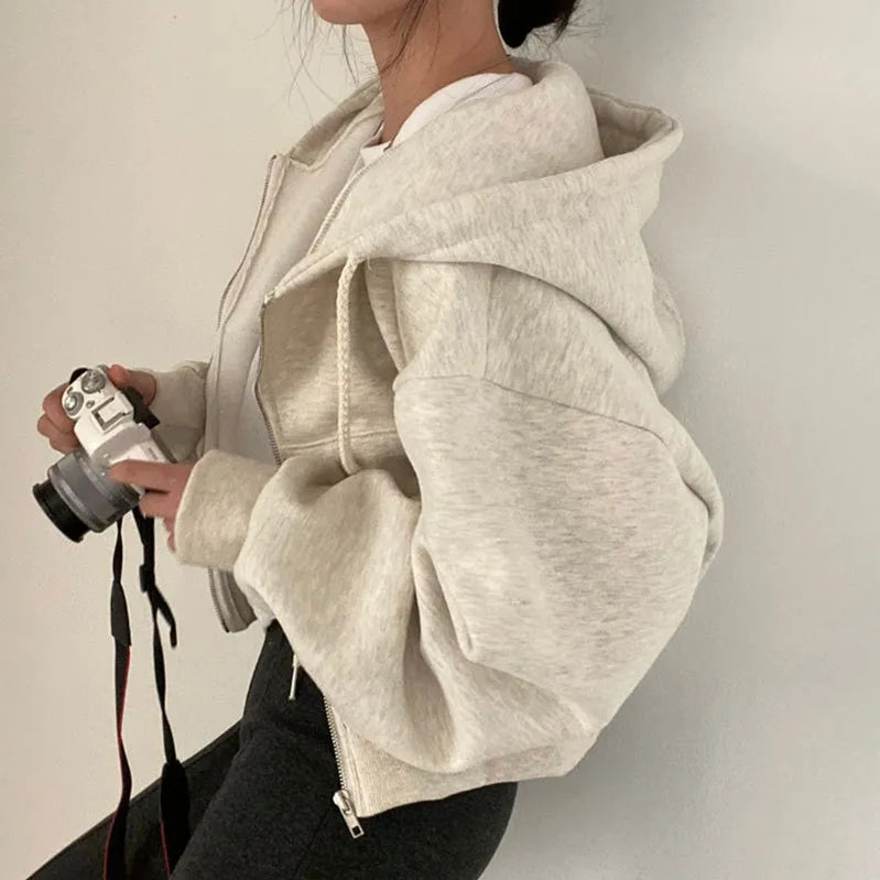 Casual Hood Sweatshirt Women Y2K Zip Up Hoodies Solid Harajuku Long Sleeve Shirt Oversized Crop Tops Female Loose Jackets Coat Beige