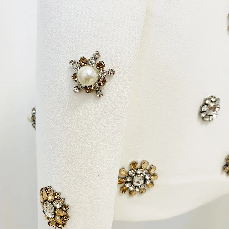 HIGH STREET est Fashion 2024 Designer Suit Set Women's Pearls Diamonds Rhinestone Beaded Trimed Jacket Flare Slit Pants Suit