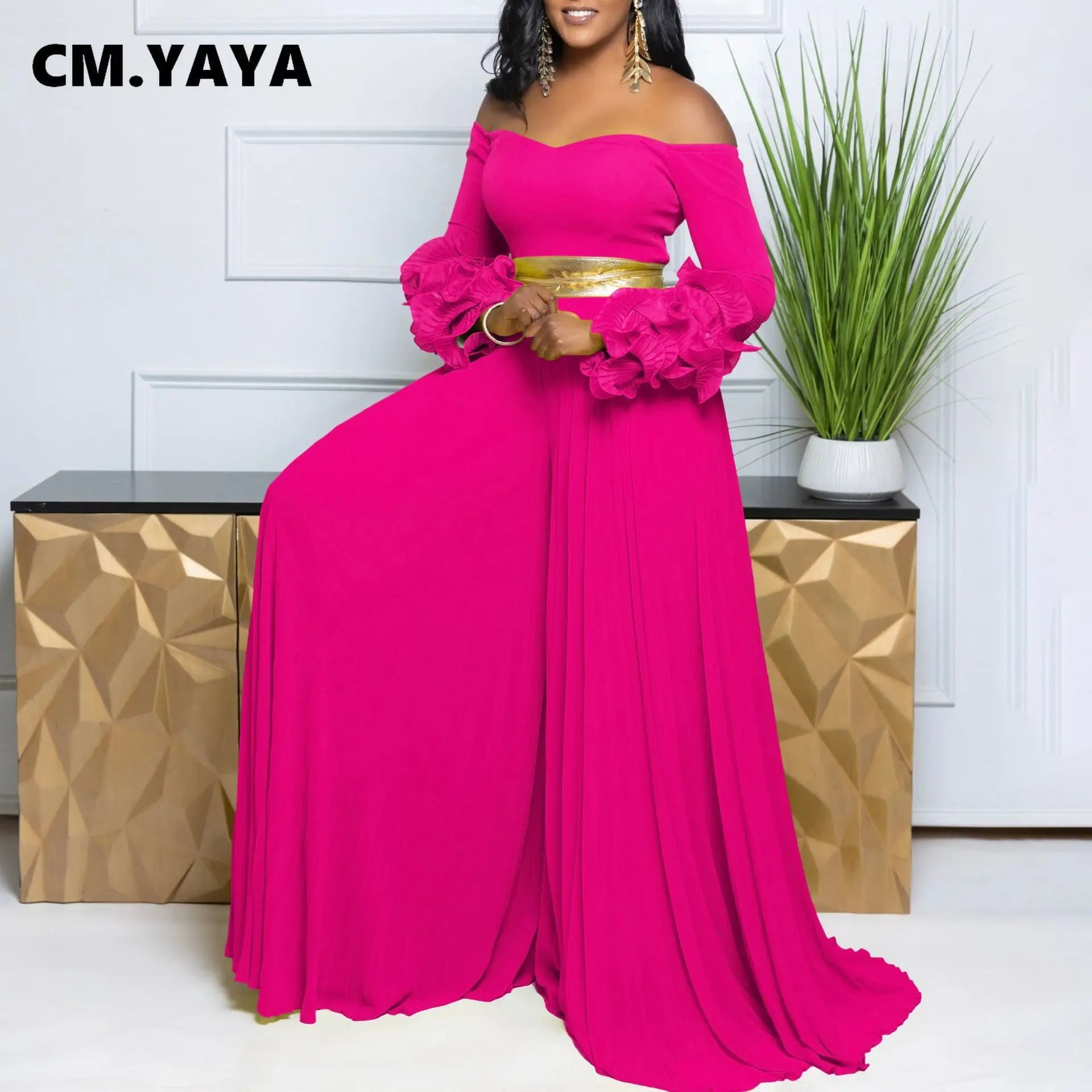 CM.YAYA Women Long Ruffles Sleeve Pleated Slash Neck Wide Leg Long Jumpsuits Party Beach belt Street Sexy Africa Outfit Rompers