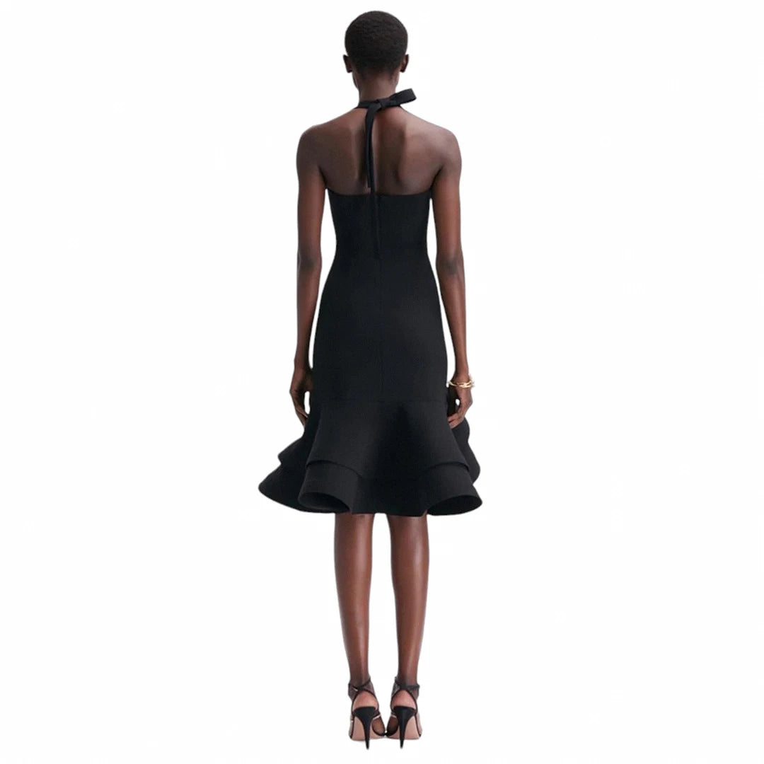 Elegant Black Halter Neck Midi Dress with Ruffle Asymmetric Hem Chic Women Sexy Evening Party Birthday Celebrate Dress Vestido