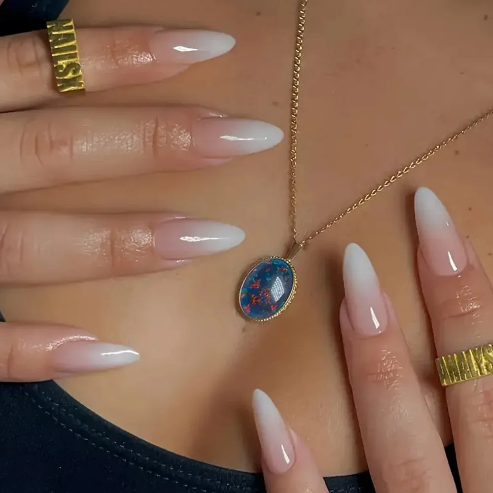 24pcs Nude Pink Glossy Fake Nails with Diamond Nail Tips Art Gradient Glitter Short Almond Oval Fashion Simple Acrylic Nails Set