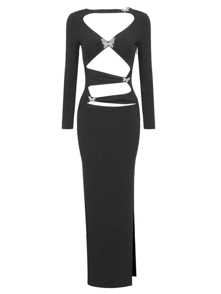 Luxury Women Celebrity Sexy Cut Out Butterfly Long Sleeve Black Maxi Long Bodycon Dress 2024 Elegant Evening Club Party Dress