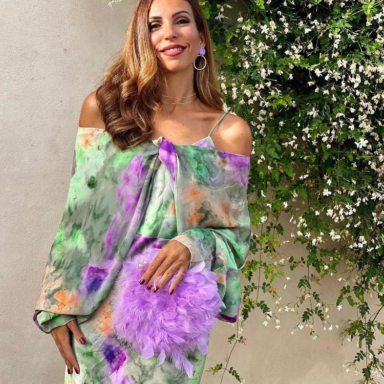 Women's Detachable Sleeves Beach Maxi Dress Sexy Backless Tie Dye Sling Dress Summer Ladies High Waist Long Robes