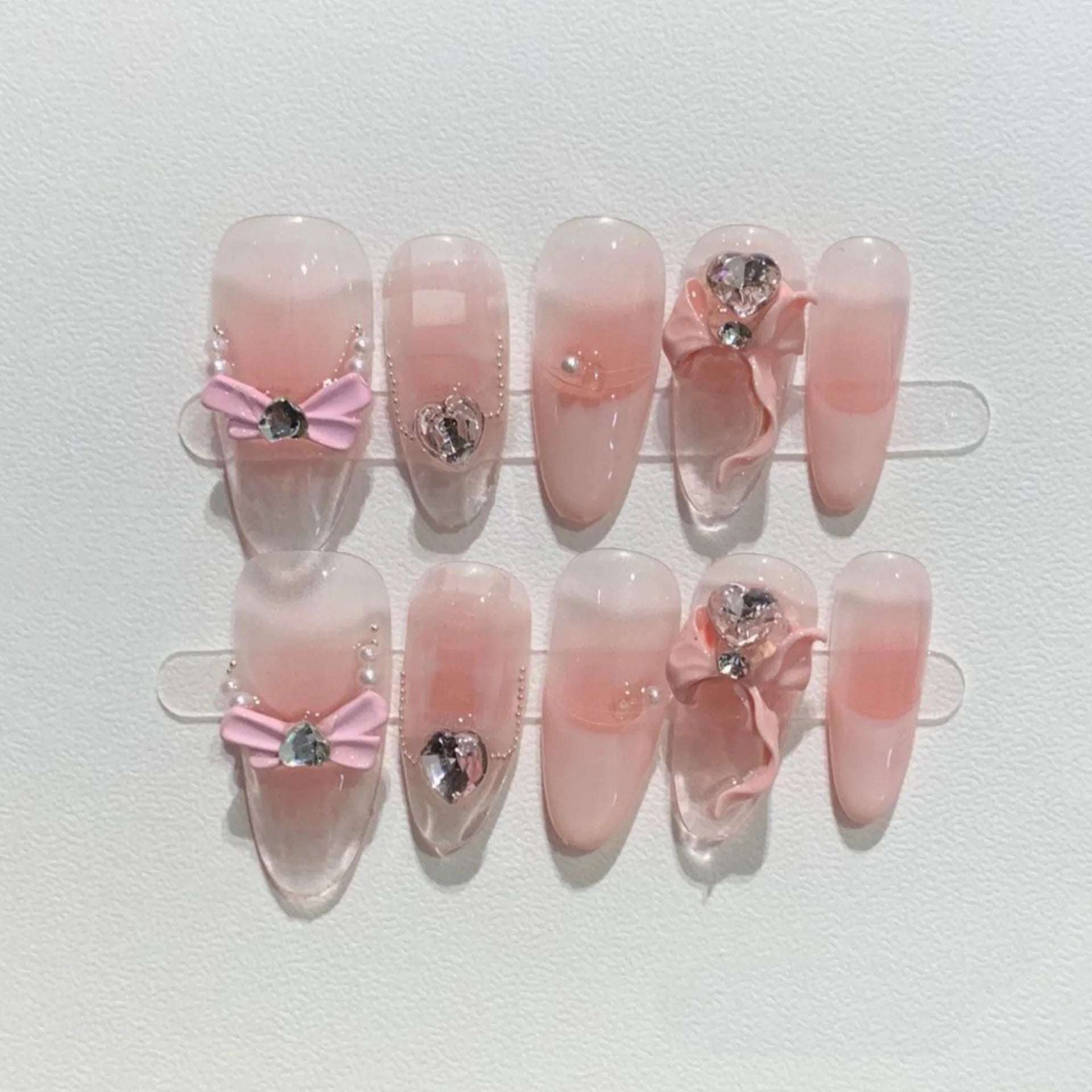 10pcs Bow Design False Nails Sets Wearable Cute Pink Mid-length Oval Handmade Press on Nails Tip with Diamond Press on Nails Art