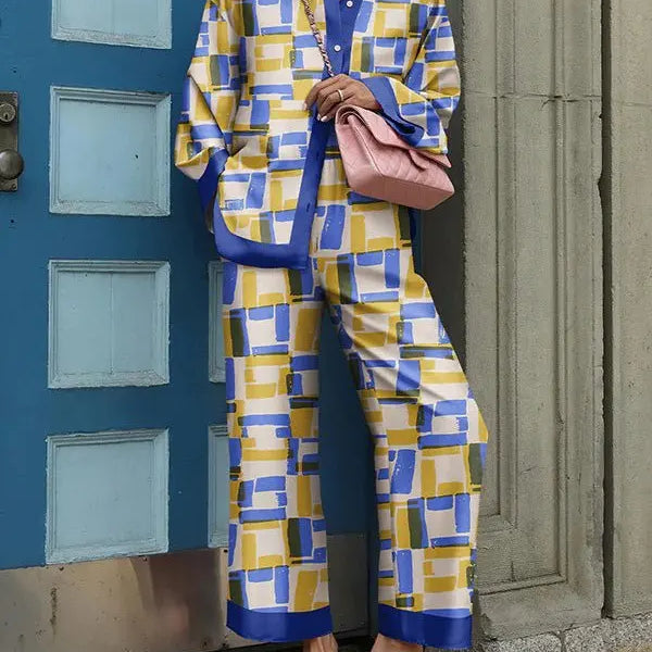 Autumn New Loose Vintage Printed Pant Sets Women Long Sleeve Shirts And Wide Legs Trousers Two Piece Set Fashion Streetwear Yellowish blue