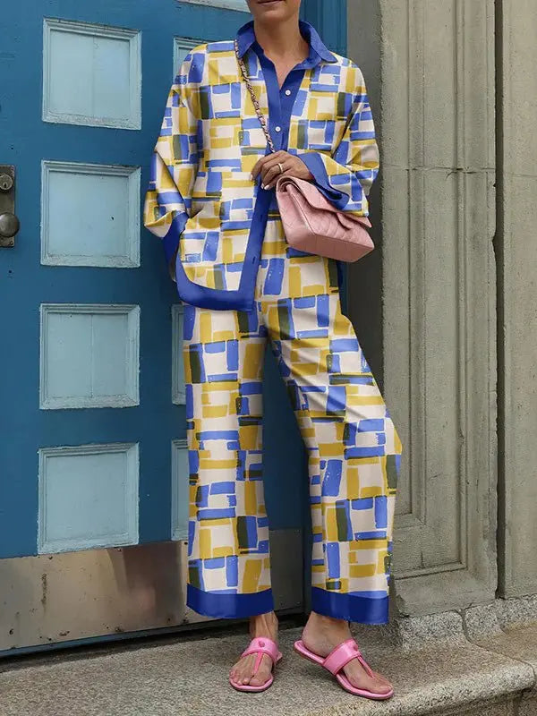 Autumn New Loose Vintage Printed Pant Sets Women Long Sleeve Shirts And Wide Legs Trousers Two Piece Set Fashion Streetwear Yellowish blue