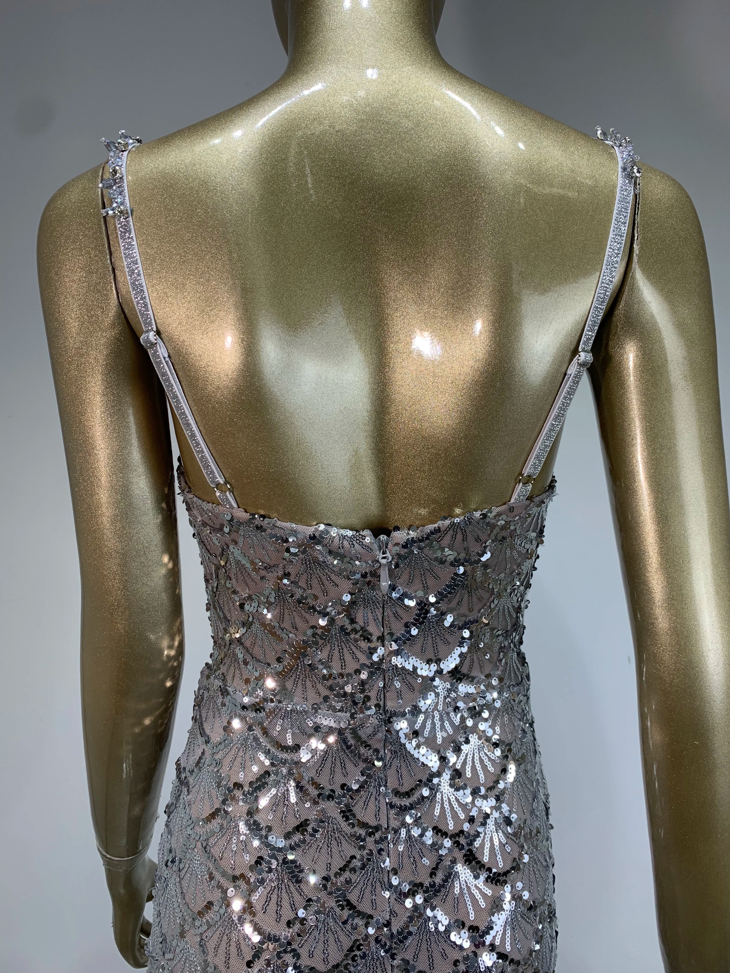 Women Sexy V Neck Backless Sequins Mesh Sparkly Silver Maxi Long Dress 2024 Elegant Party Evening Outfit Vestido