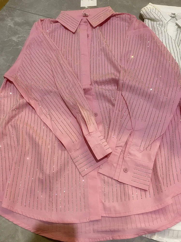 drill POLO collar shirt loose casual blouse ladies temperament elegant top Pink L