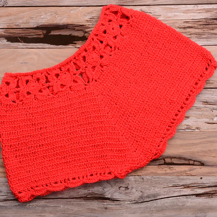 Bikini 2022 knitting Swimsuit Crochet Bikini Bohemia Style Off Shoulder High Neck Bathing Beach Bikinis Handmade Crochet Bikini Red Bottom