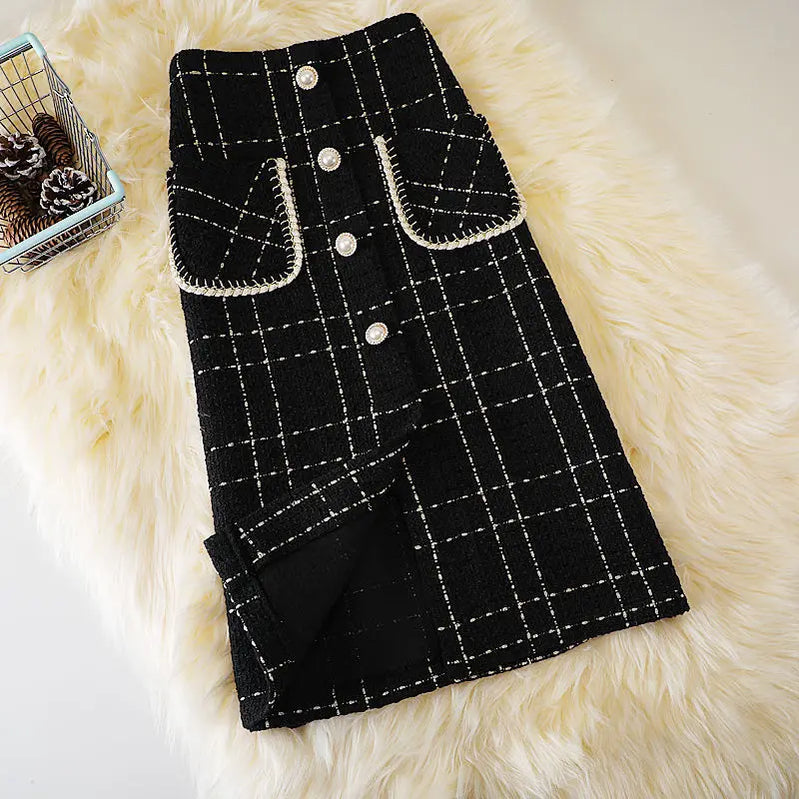HI-FASHION Woolen Plaid Skirt Female Autumn New High Waist Pocket Split Mid-length Skirts Korean Winter One-step Plus Size Skirt Gold Black
