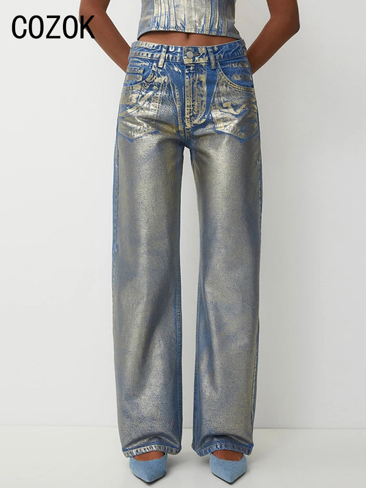 Metallic Wide Leg Jeans High Waist Pants For Women Autumn Vintage Y2K Streetwear Casual Loose Straight Denim Trousers Blue
