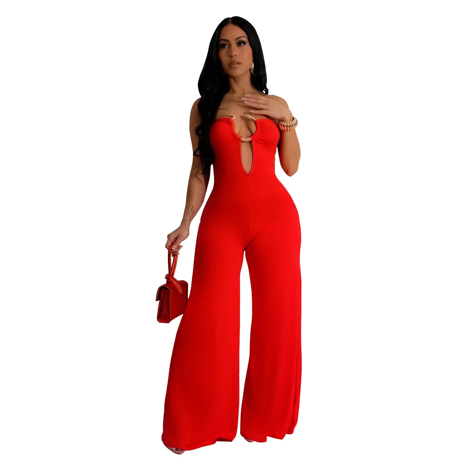CM.YAYA Women Wide Leg Deep V-Neck Sleeveless Jumpsuits 2024 Summer Hollow Out Night Street Club Playsuit One Piece Suit Romper