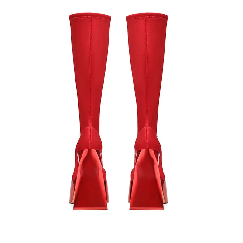 Thick Soled High Tube Thick High Heel Thin Leg Elastic Boots Square Head Punk Style Knee High Women's Boots Fashion Boots