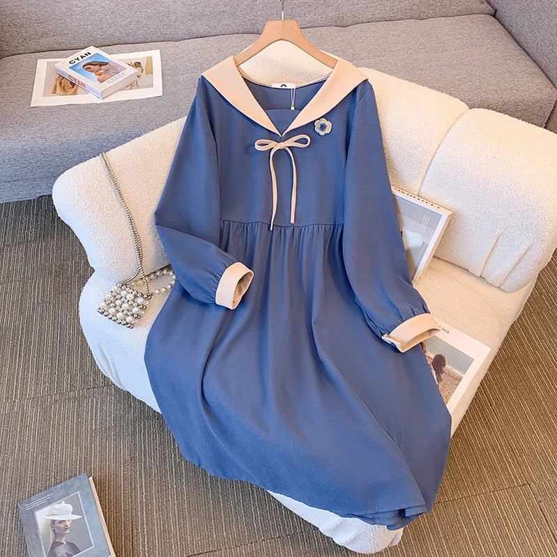 Plus Size Woman Preppy spring and autumn dress bow design girly commuter dress Graduation dress 5X-large, 6X-large blue.