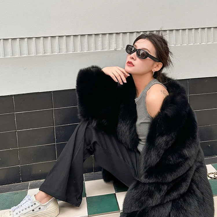 Autumn Winter Black Thick Warm Soft Hairy Shaggy Faux Fox Fur Coat Women Stand Collar Luxury Designer Fluffy Jacket 2024